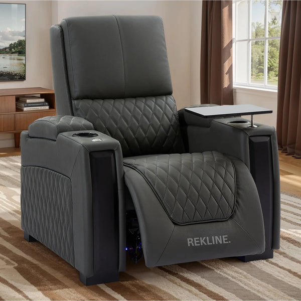 Home Cinema Chair in Grey Real Leather | Luxury for Gaming & Movie Theatre Seating | Electric Recliner with Power Headrest & Automatic Lumbar Support | Assisi by REKLINE