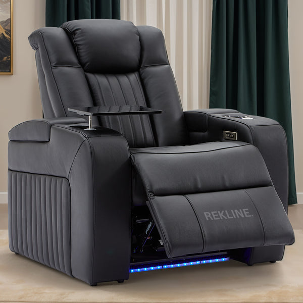 Home Cinema Chair in Black Real Leather | Luxury for Gaming & Movie Theatre Seating | Electric Recliner with 8-Point Massage & Power Headrest | Capri by REKLINE