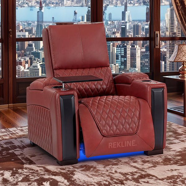 Home Cinema Chair in Red Real Leather | Luxury for Gaming & Movie Theatre Seating | Electric Recliner with Power Headrest & Automatic Lumbar Support | Assisi by REKLINE