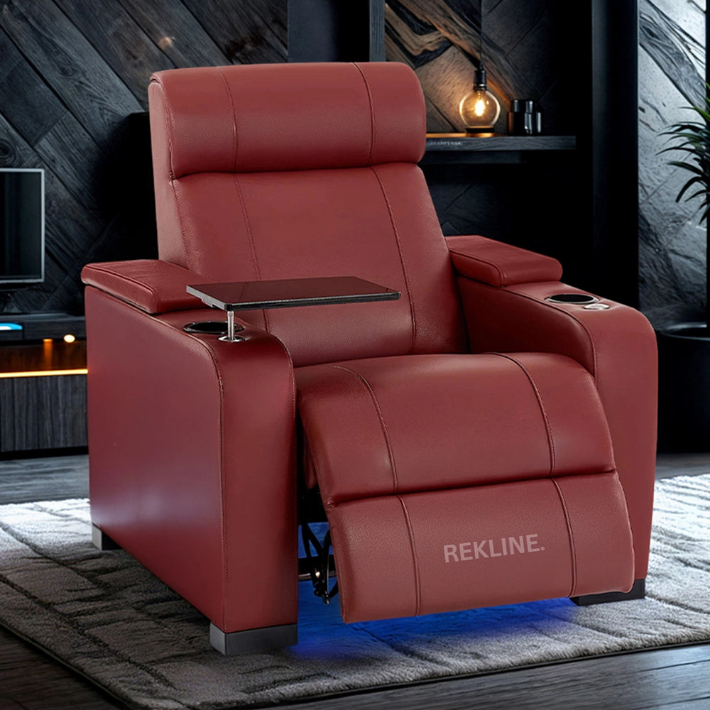 Home Cinema Chair in Red Real Leather | Luxury Movie Theatre Seating | Electric Recliner with Padded Headrest & Lumbar Support | Rimini by REKLINE