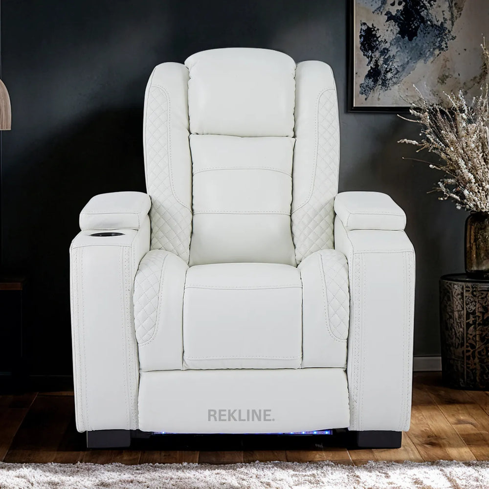 Home Cinema Chair in White Real Leather | Luxury for Gaming & Movie Theatre Seating | Electric Recliner with 8-Point Massage, Heated Seats & Power Headrests | Napoli by REKLINE