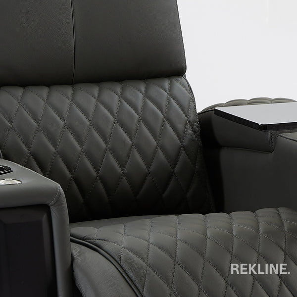 Home Cinema Chair in Grey Real Leather | Luxury for Gaming & Movie Theatre Seating | Electric Recliner with Power Headrest & Automatic Lumbar Support | Assisi by REKLINE