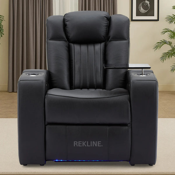Home Cinema Chair in Black Real Leather | Luxury for Gaming & Movie Theatre Seating | Electric Recliner with 8-Point Massage & Power Headrest | Capri by REKLINE