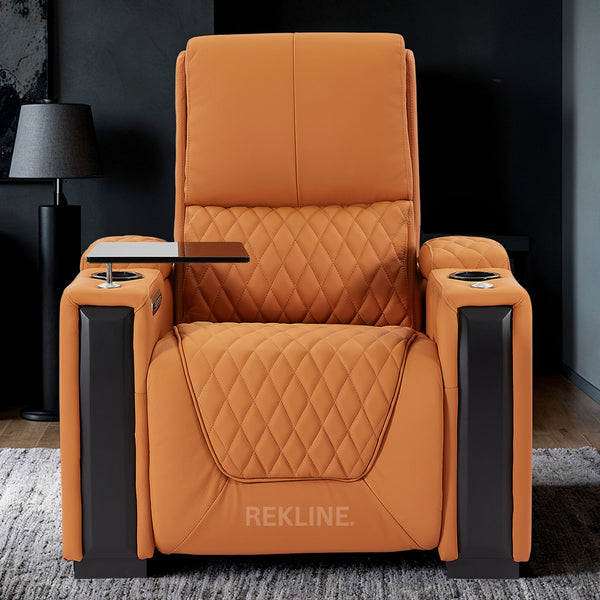 Home Cinema Chair in Orange Real Leather | Luxury for Gaming & Movie Theatre Seating | Electric Recliner with Power Headrest & Automatic Lumbar Support | Assisi by REKLINE