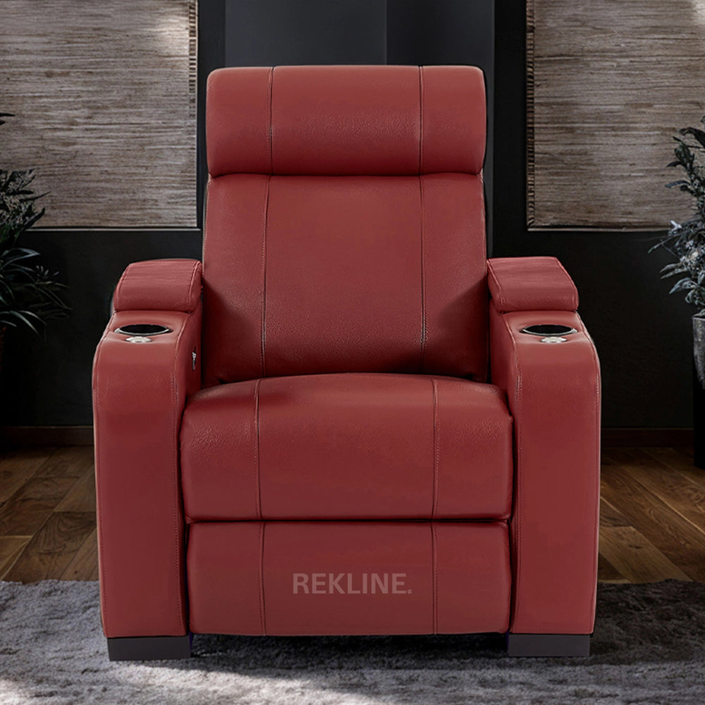 Home Cinema Chair in Red Real Leather | Luxury Movie Theatre Seating | Electric Recliner with Padded Headrest & Lumbar Support | Rimini by REKLINE
