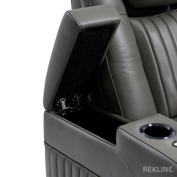 Home Cinema Chair in Grey Real Leather | Luxury for Gaming & Movie Theatre Seating | Electric Recliner with 8-Point Massage & Power Headrest | Capri by REKLINE