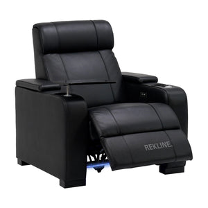 Home Cinema Chair in Black Real Leather | Luxury Movie Theatre Seating | Electric Recliner with Padded Headrest & Lumbar Support | Rimini by REKLINE