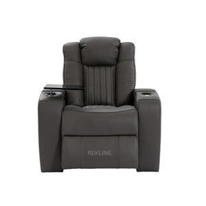 Home Cinema Chair in Grey Real Leather | Luxury for Gaming & Movie Theatre Seating | Electric Recliner with 8-Point Massage & Power Headrest | Capri by REKLINE