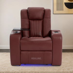 Home Cinema Chair in Red Leather | Cool, Calm, and Customisable Theatre Seating | Power Recliner Chair with 8-Point Massage & Power Headrest | Capri by REKLINE
