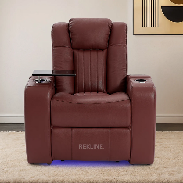 Home Cinema Chair in Red Leather | Cool, Calm, and Customisable Theatre Seating | Power Recliner Chair with 8-Point Massage & Power Headrest | Capri by REKLINE