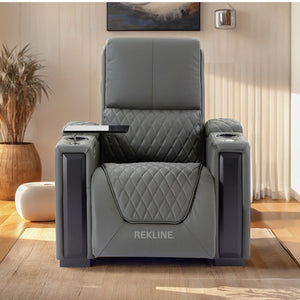 Home Cinema Chair in Grey Real Leather | Luxury for Gaming & Movie Theatre Seating | Electric Recliner with Power Headrest & Automatic Lumbar Support | Assisi by REKLINE