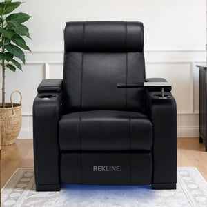 Home Cinema Chair in Black Real Leather | Luxury Movie Theatre Seating | Electric Recliner with Padded Headrest & Lumbar Support | Rimini by REKLINE
