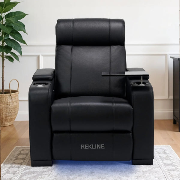 Home Cinema Chair in Black Real Leather | Luxury Movie Theatre Seating | Electric Recliner with Padded Headrest & Lumbar Support | Rimini by REKLINE