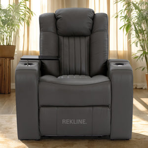 Home Cinema Chair in Grey Real Leather | Luxury for Gaming & Movie Theatre Seating | Electric Recliner with 8-Point Massage & Power Headrest | Capri by REKLINE