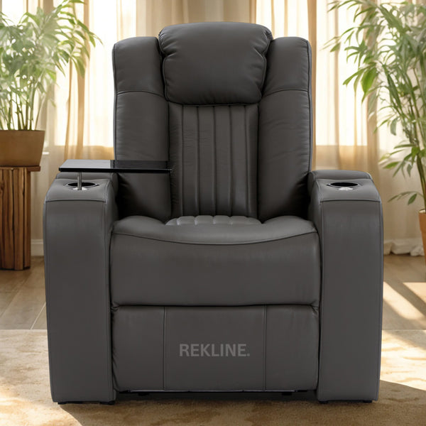 Home Cinema Chair in Grey Real Leather | Luxury for Gaming & Movie Theatre Seating | Electric Recliner with 8-Point Massage & Power Headrest | Capri by REKLINE