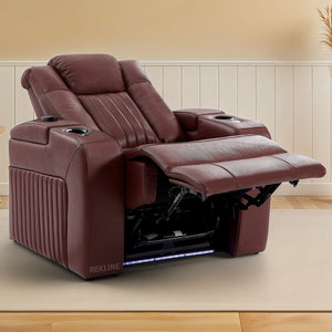 Home Cinema Chair in Red Leather | Cool, Calm, and Customisable Theatre Seating | Power Recliner Chair with 8-Point Massage & Power Headrest | Capri by REKLINE