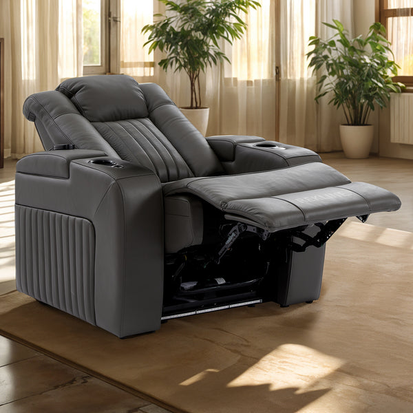 Home Cinema Chair in Grey Real Leather | Luxury for Gaming & Movie Theatre Seating | Electric Recliner with 8-Point Massage & Power Headrest | Capri by REKLINE