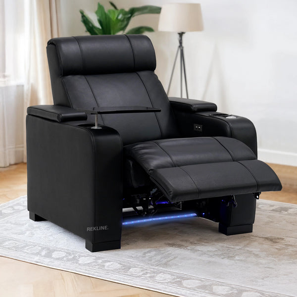 Home Cinema Chair in Black Real Leather | Luxury Movie Theatre Seating | Electric Recliner with Padded Headrest & Lumbar Support | Rimini by REKLINE