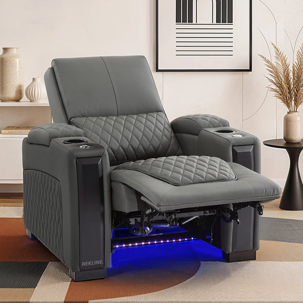 Home Cinema Chair in Grey Real Leather | Luxury for Gaming & Movie Theatre Seating | Electric Recliner with Power Headrest & Automatic Lumbar Support | Assisi by REKLINE