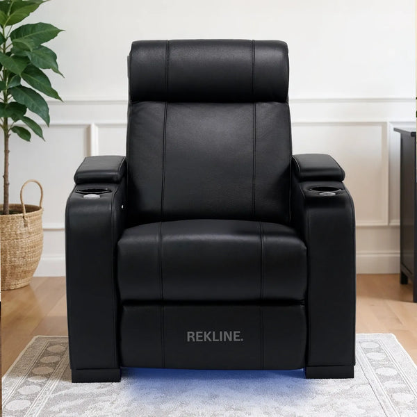Home Cinema Chair in Black Real Leather | Luxury Movie Theatre Seating | Electric Recliner with Padded Headrest & Lumbar Support | Rimini by REKLINE