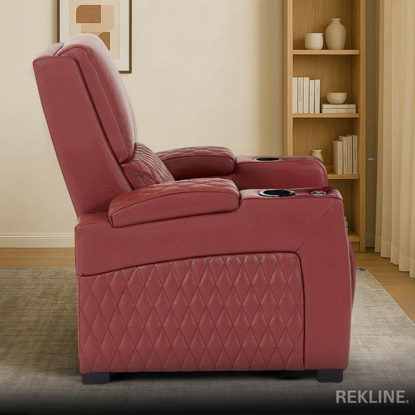 Home Cinema Chair in Red Real Leather | Luxury for Gaming & Movie Theatre Seating | Electric Recliner with Power Headrest & Automatic Lumbar Support | Assisi by REKLINE