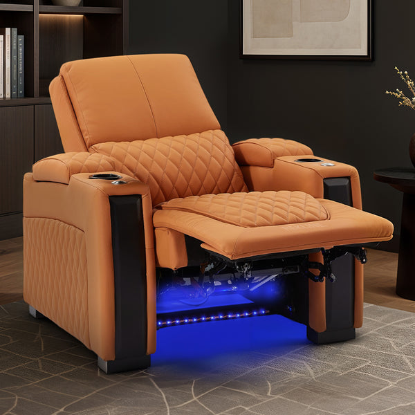 Home Cinema Chair in Orange Real Leather | Luxury for Gaming & Movie Theatre Seating | Electric Recliner with Power Headrest & Automatic Lumbar Support | Assisi by REKLINE