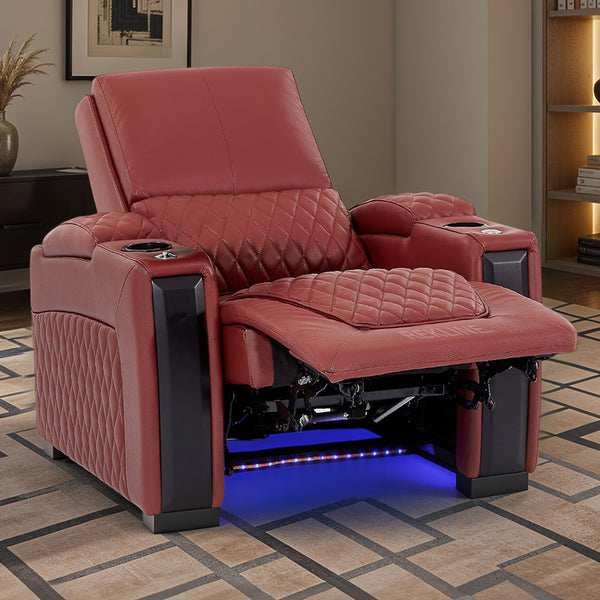 Home Cinema Chair in Red Real Leather | Luxury for Gaming & Movie Theatre Seating | Electric Recliner with Power Headrest & Automatic Lumbar Support | Assisi by REKLINE