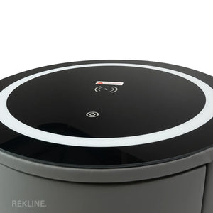 Small Grey 3 Drawer Fuax Leather Bedside Table With Lights LED | Round Table Glass Top & Built-in Wireless Charger | Bluetooth Modern Nightstand + USBc & Speakers  | Nashville