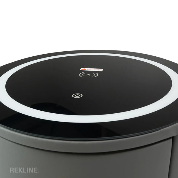 Small Grey 3 Drawer Fuax Leather Bedside Table With Lights LED | Round Table Glass Top & Built-in Wireless Charger | Bluetooth Modern Nightstand + USBc & Speakers  | Nashville