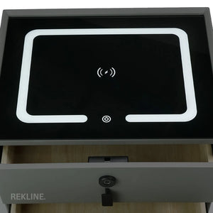 Small Grey 3 Drawer Faux Leather Bedside Table With Lights LED & Fingerprint Lock | Round Table Glass Top & Built-in Wireless Charger | Bluetooth Modern Nightstand + USBc & Speakers  | Florida