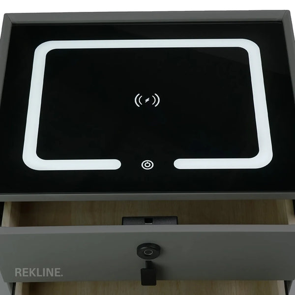 Small Grey 3 Drawer Faux Leather Bedside Table With Lights LED & Fingerprint Lock | Round Table Glass Top & Built-in Wireless Charger | Bluetooth Modern Nightstand + USBc & Speakers  | Florida