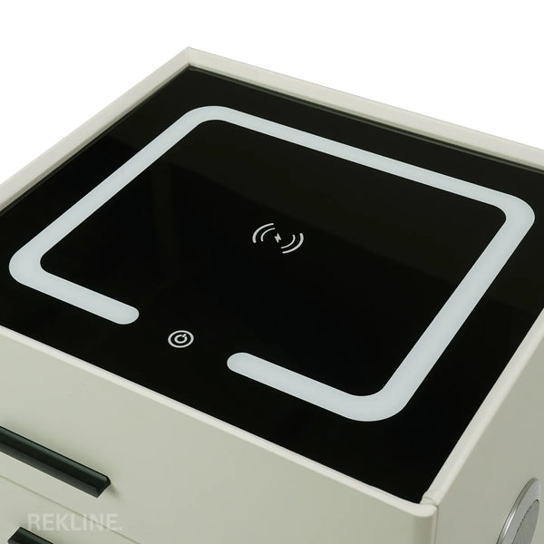 Small Off-White 2 Drawer Bedside Table With Lights LED & Hidden Safety Box | Square Table Glass Top & Built-in Wireless Charger | Bluetooth Modern Nightstand + USBc + Speakers  | California