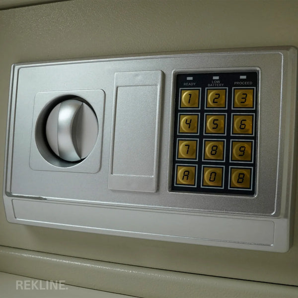 Small Off-White 2 Drawer Bedside Table With Lights LED & Hidden Safety Box | Square Table Glass Top & Built-in Wireless Charger | Bluetooth Modern Nightstand + USBc + Speakers  | California