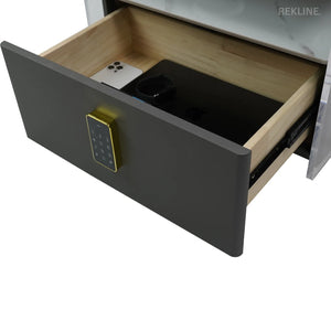 Small Grey 2 Drawer Bedside Table With Lights LED | PIN Locked Drawer | Square Table Glass Top & Built-in Wireless Charger | Bluetooth Modern Nightstand + USBc + Speakers  | Chicago