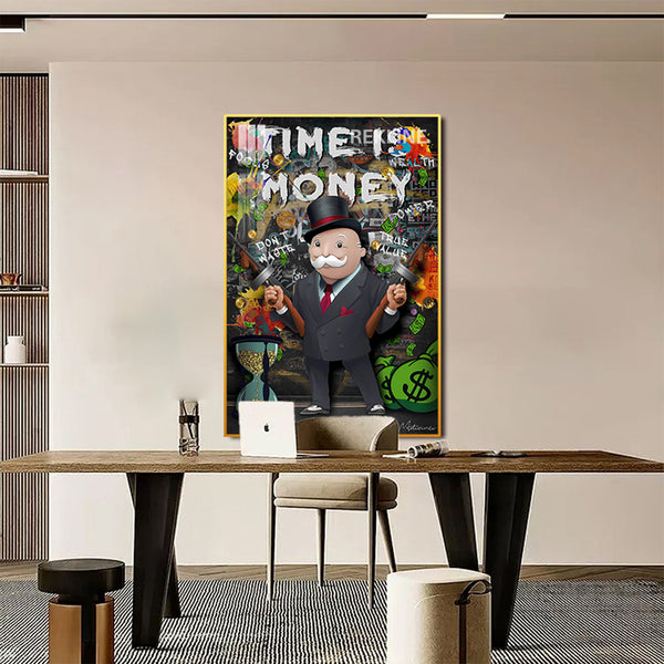 Time Is Money Monopoly-Inspired LED Canvas | 100×150 cm Money Wall Art, LED-Lit Crystal-Porcelain Painting, Gold/Black Frame | By REKLINE
