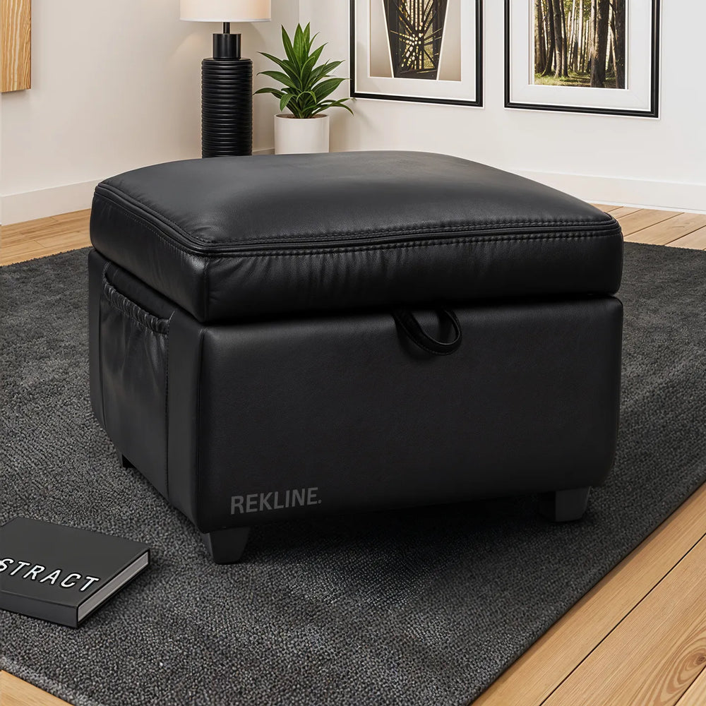 Large Black Leather Footstool | Storage Ottoman for Sofa | 49cm H x 58cm W x 66cm L - Square  | Ravenna by REKLINE