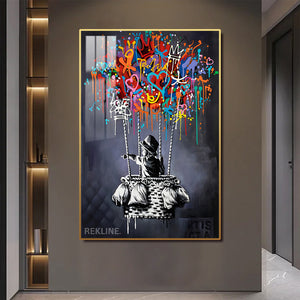 Dream Balloon LED Canvas | 100×150 cm LED-Illuminated Crystal-Porcelain Painting | Gold/Black Frame | By REKLINE