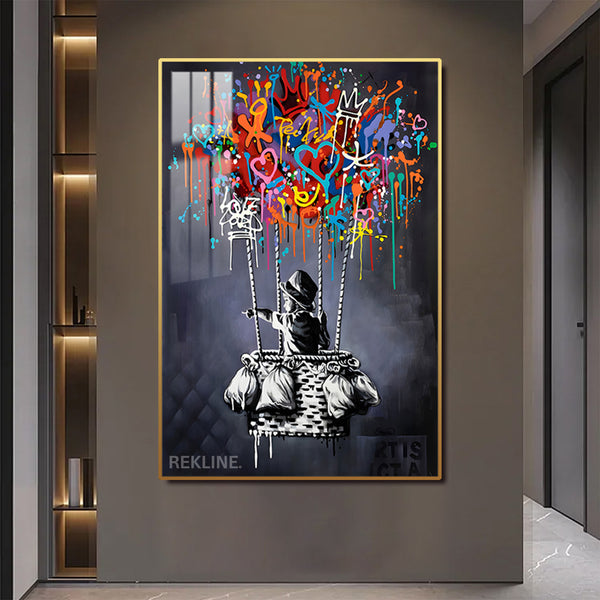 Dream Balloon LED Canvas | 100×150 cm LED-Illuminated Crystal-Porcelain Painting | Gold/Black Frame | By REKLINE