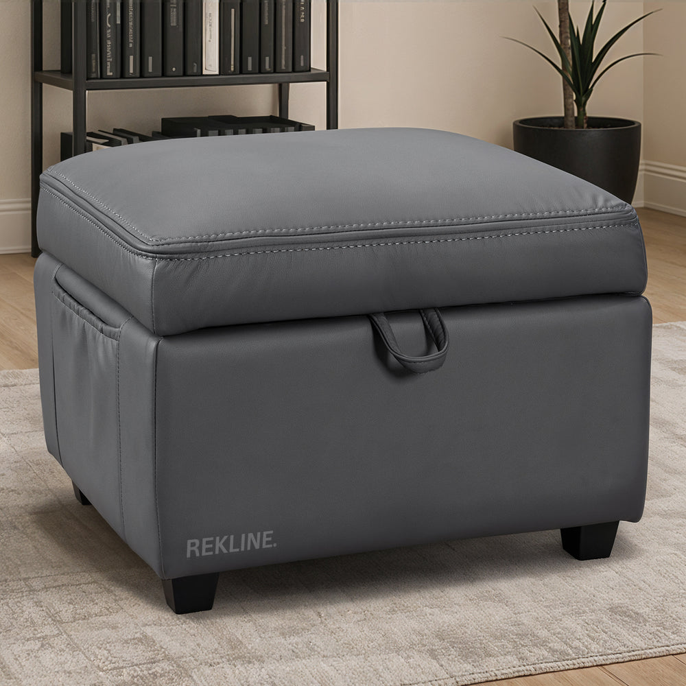 Large Grey Leather Footstool | Storage Ottoman for Sofa | 49cm H x 58cm W x 66cm L - Square | Ravenna by REKLINE