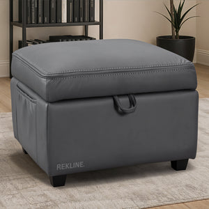 Large Grey Leather Footstool | Storage Ottoman for Sofa | 49cm H x 58cm W x 66cm L - Square | Ravenna by REKLINE