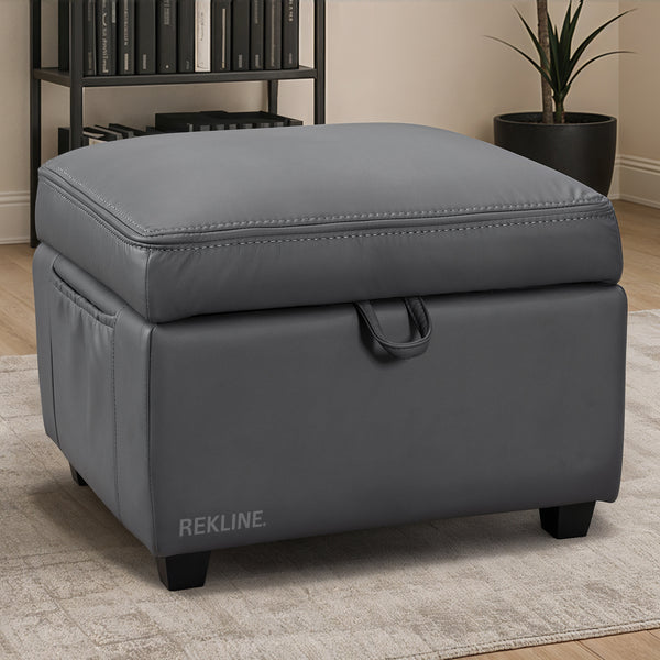Large Grey Leather Footstool | Storage Ottoman for Sofa | 49cm H x 58cm W x 66cm L - Square | Ravenna by REKLINE