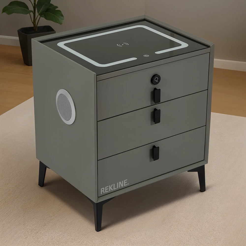 Small Grey 3 Drawer Faux Leather Bedside Table With Lights LED & Fingerprint Lock | Round Table Glass Top & Built-in Wireless Charger | Bluetooth Modern Nightstand + USBc & Speakers  | Florida