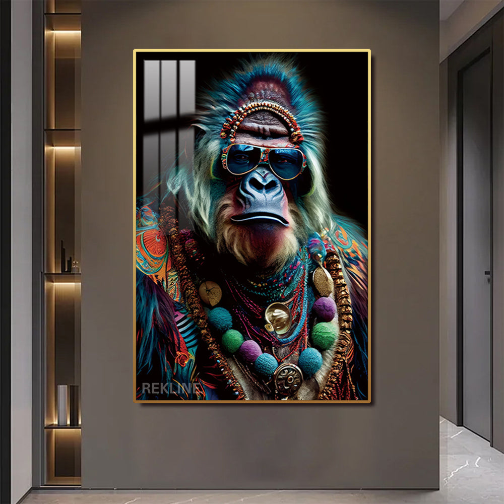 Stylish gorilla painting canvas with sunglasses, beaded jewellery and LED halo in a gold alloy frame