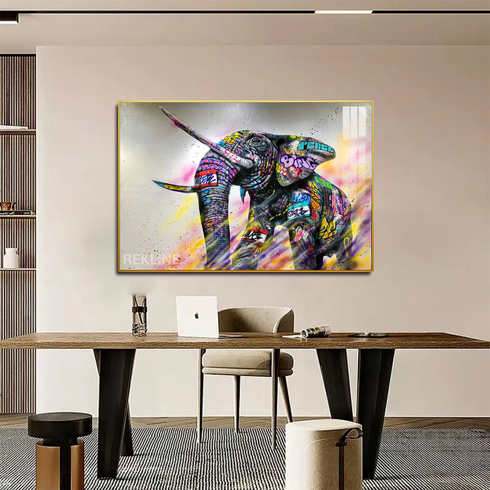 Large colourful elephant canvas wall art with graffiti details.