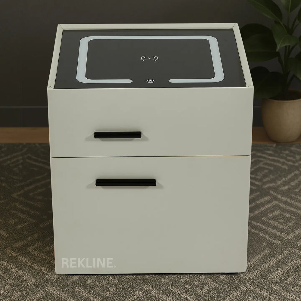 Small Off-White 2 Drawer Bedside Table With Lights LED & Hidden Safety Box | Square Table Glass Top & Built-in Wireless Charger | Bluetooth Modern Nightstand + USBc + Speakers  | California