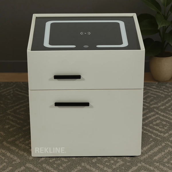 White metal and solid wood bedside table featuring LED glass top, wireless charging pad, side USB ports, Bluetooth speaker, and hidden safe box