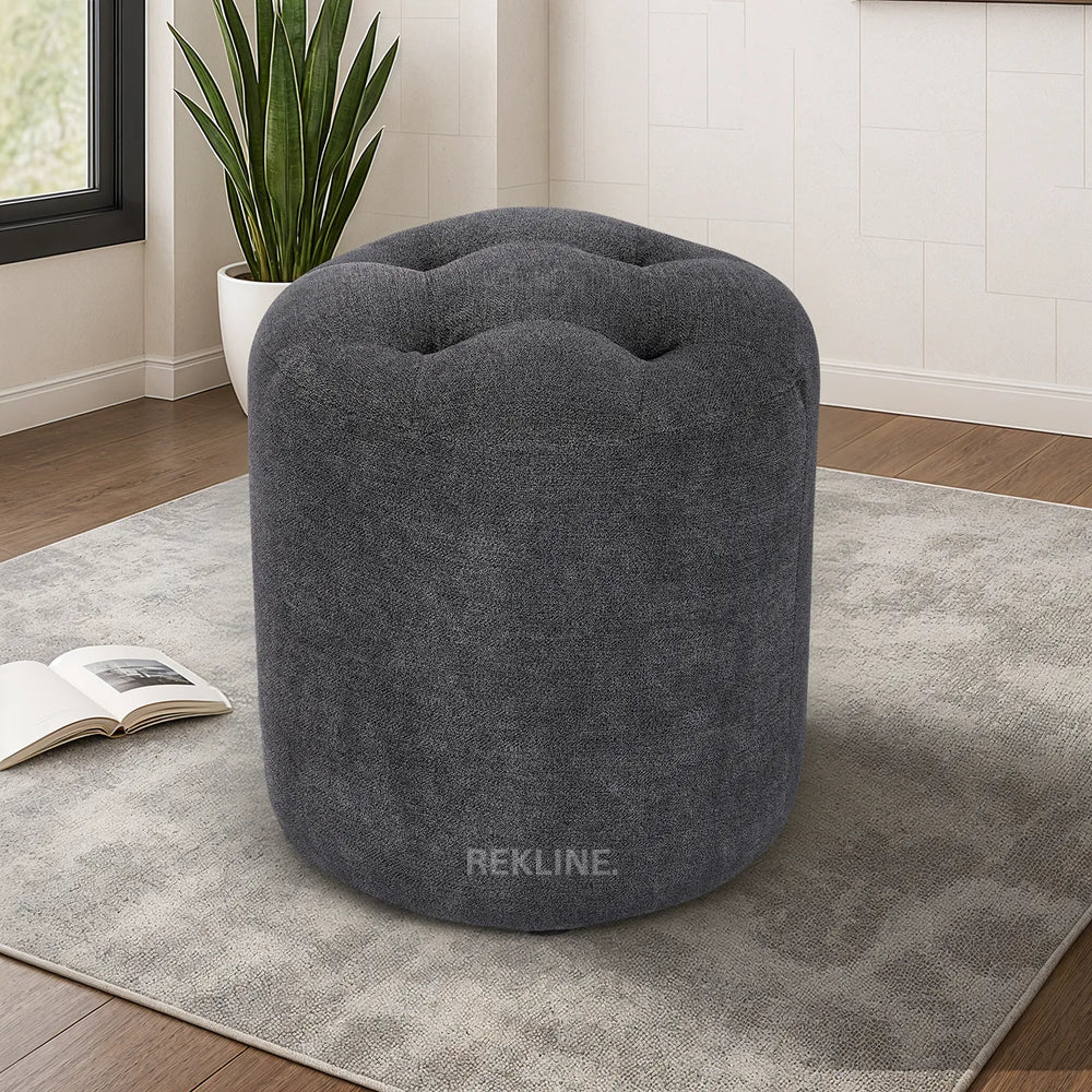Small Round Grey Fabric Pouffe Footstool for Sofa | 38cm H x 35cm W | Vaneto Stool by REKLINE
