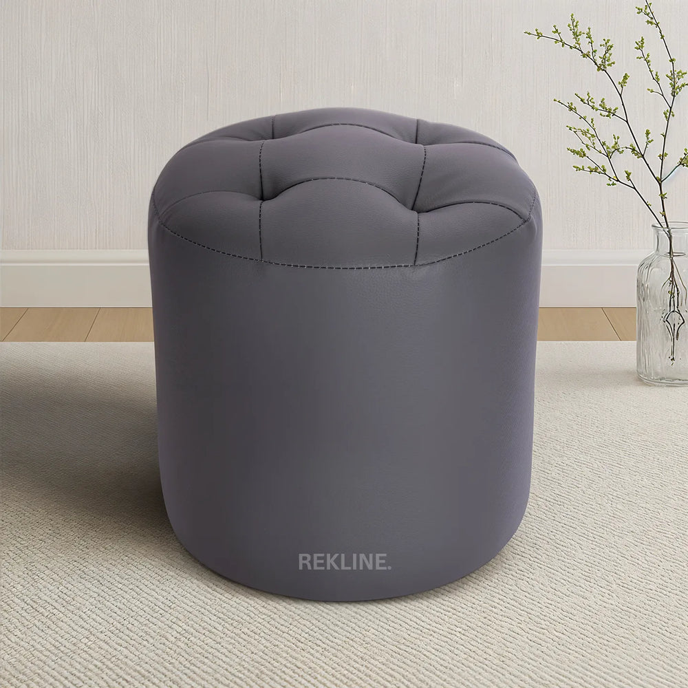 Large Round Grey Leather Pouffe Footstool for Sofa | 41cm H x 38cm W | Vaneto Stool by REKLINE