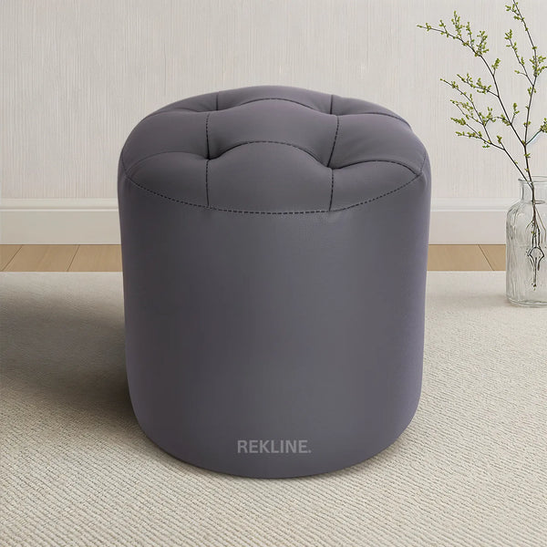 Large Round Grey Leather Pouffe Footstool for Sofa | 41cm H x 38cm W | Vaneto Stool by REKLINE