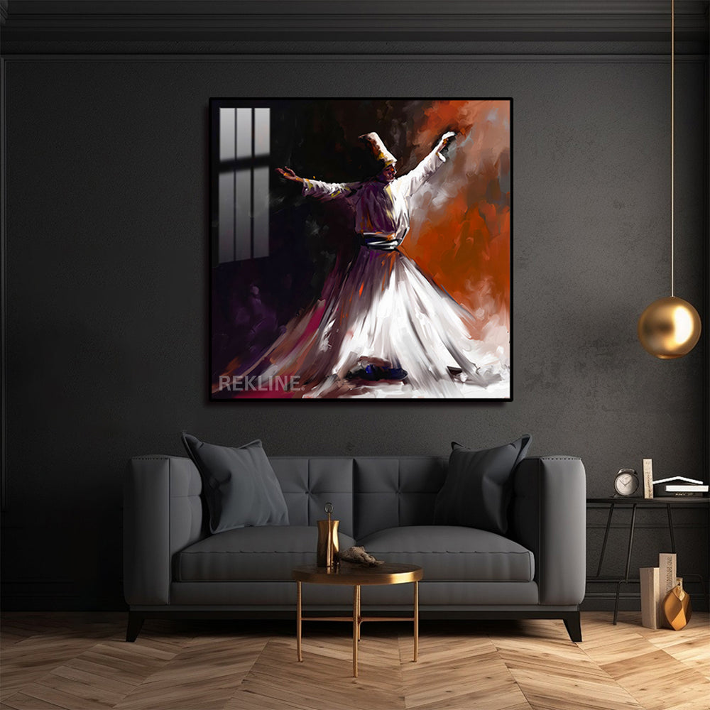 Sufi whirling dervish painting with LED halo on dark-orange backdrop.
